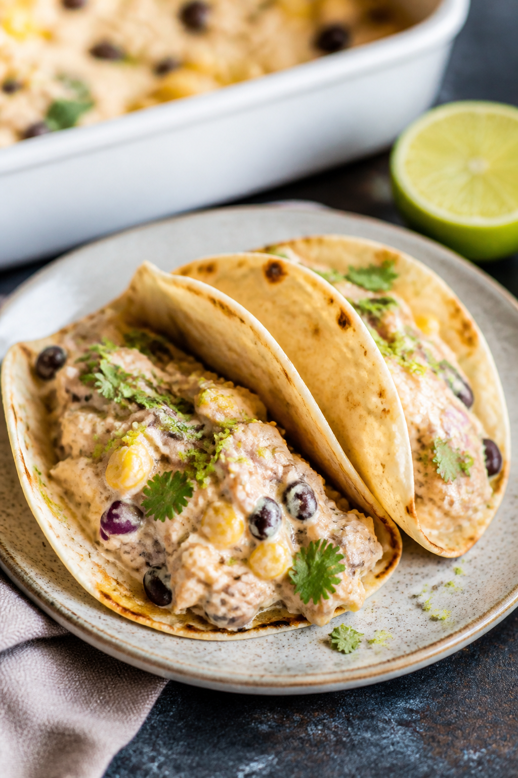 Final plated close-up detail: A small rustic plate holding two warm mini tortillas folded taco-style