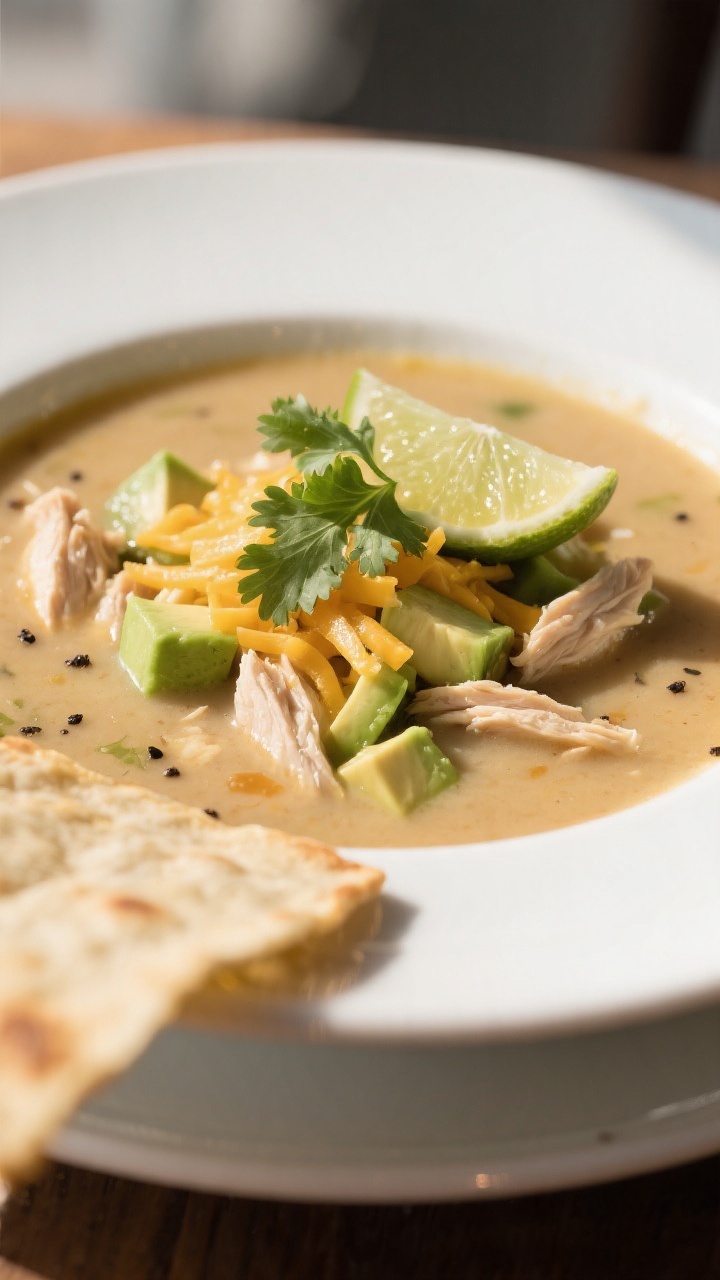 Final plated close-up – Intimate close-up of the finished soup ladled into a wide white bowl, high