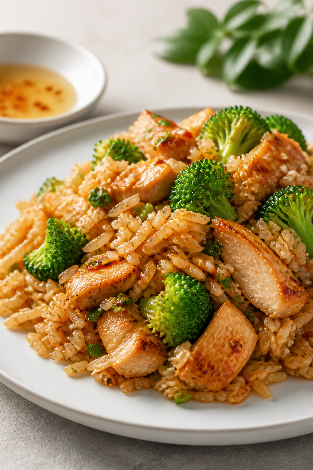 Final plated, detail-forward: Close-up of a neatly mounded serving of Chicken Broccoli Fried Rice on