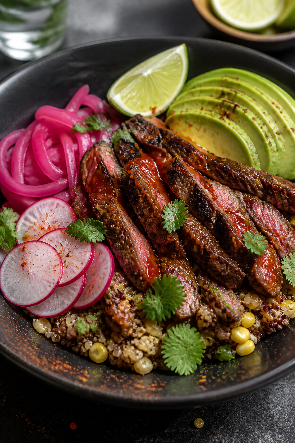 Final plated detail: Restaurant-quality presentation of carne asada bowl components arranged artfull