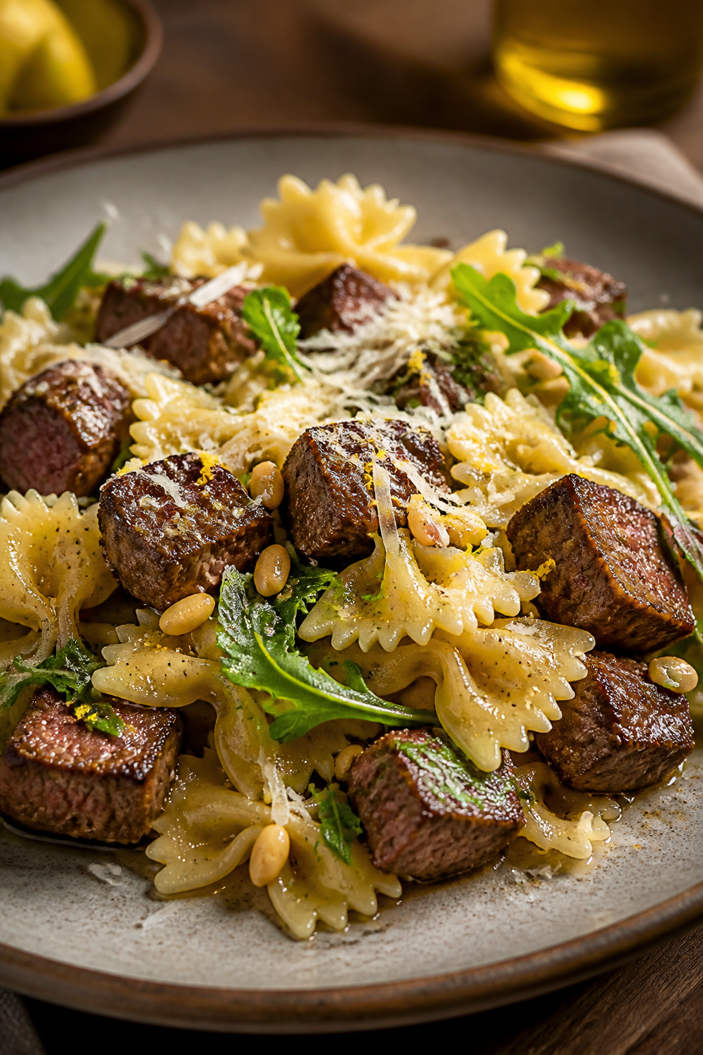 Final plated detail: Restaurant-quality single-serve presentation—bowtie pasta and bite-size steak