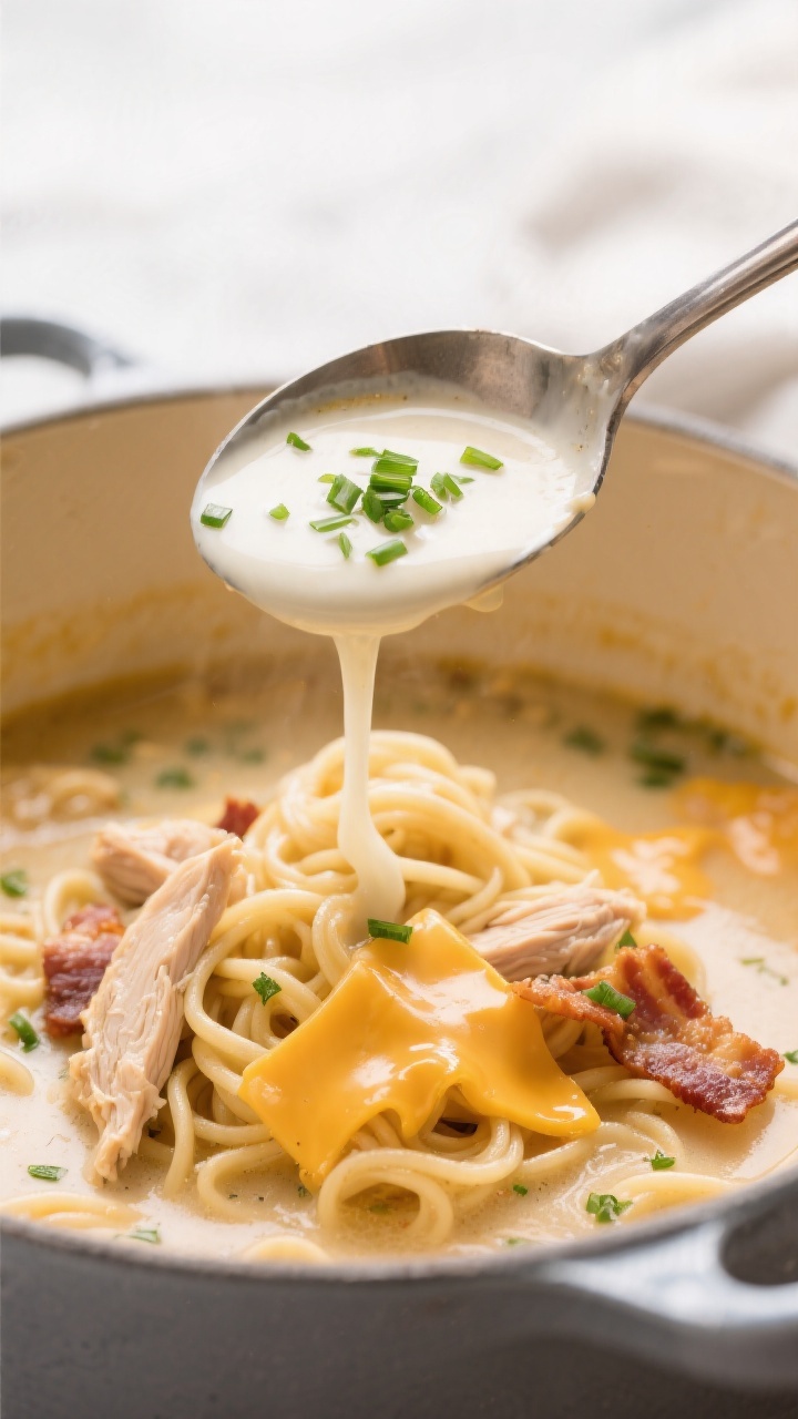 Final plated detail: Ultra close-up of a ladle lifting crack chicken noodle soup from the pot—show