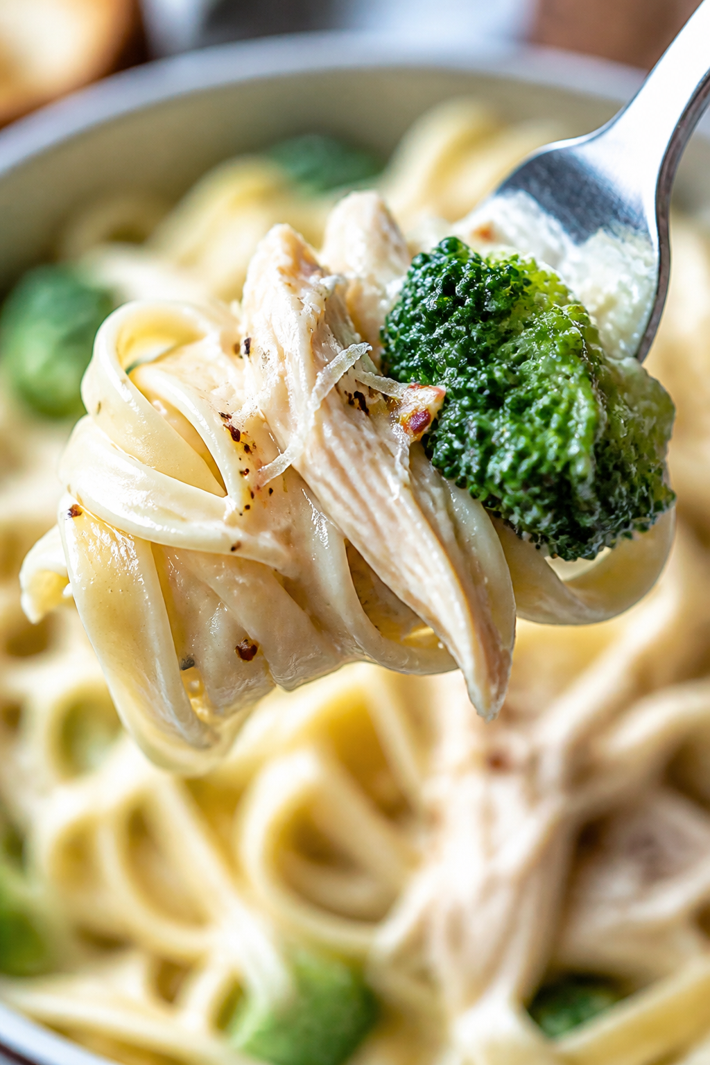 Final plated detail: Ultra close-up of a twirled forkful resting over the bowl, showcasing glossy Al