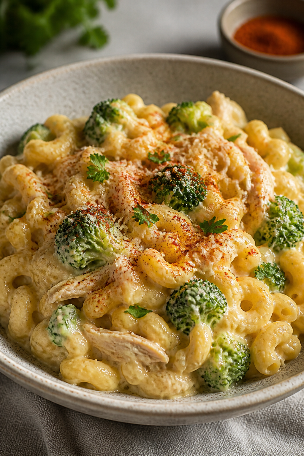 Final plated dish: A generous scoop of Chicken Broccoli Mac and Cheese elegantly plated in a shallow