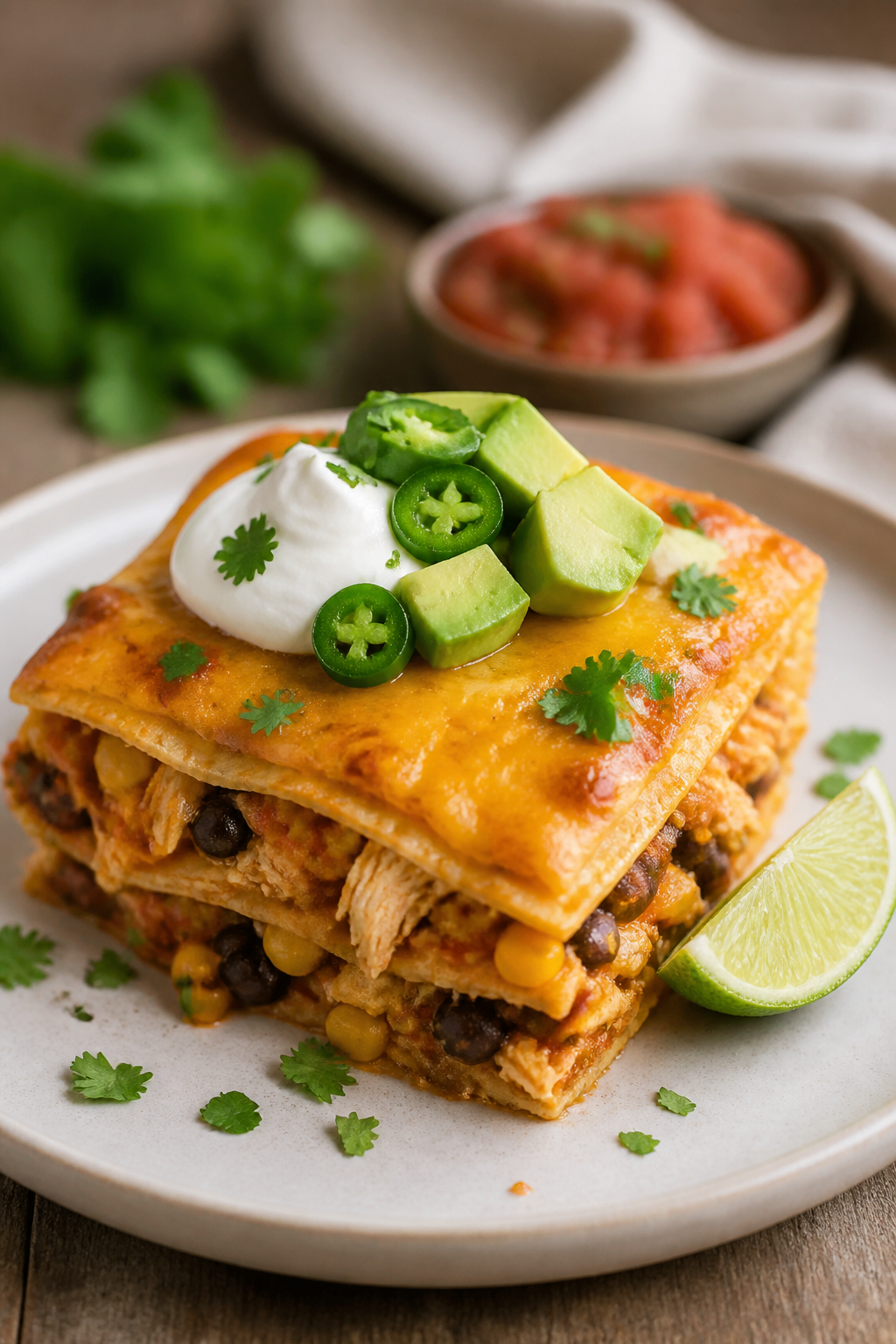 Final plated dish: Beautifully baked Healthy Chicken Taco Casserole square served on a matte white p
