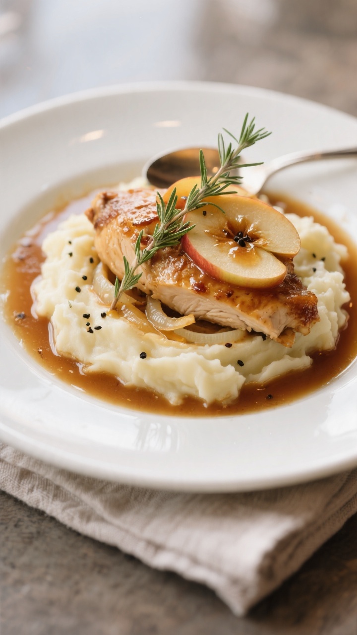 Final plated dish: Beautifully plated Apple Cider Chicken over creamy mashed potatoes, spooned with 