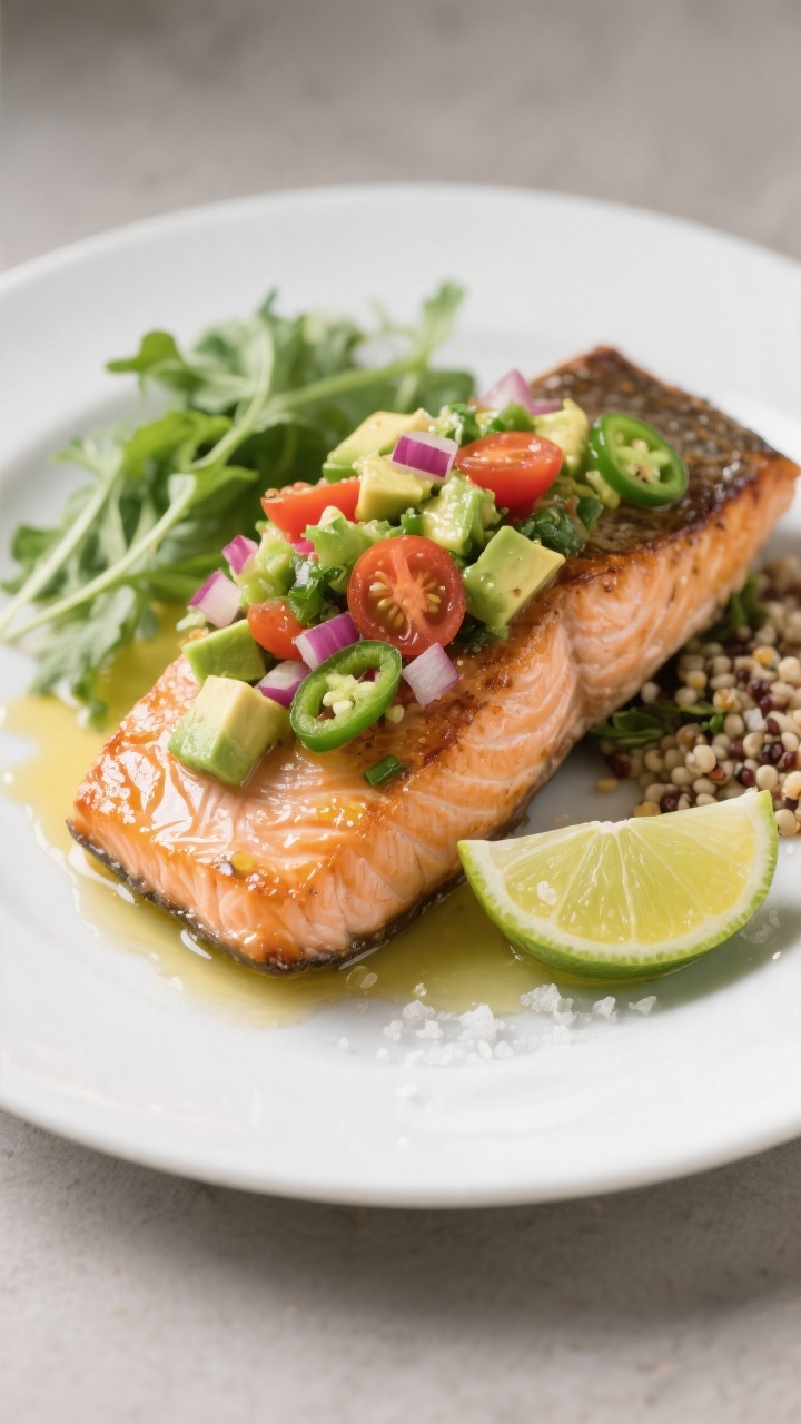 Final plated dish, : Beautifully plated baked salmon with a generous spoonful of chunky avocado sals