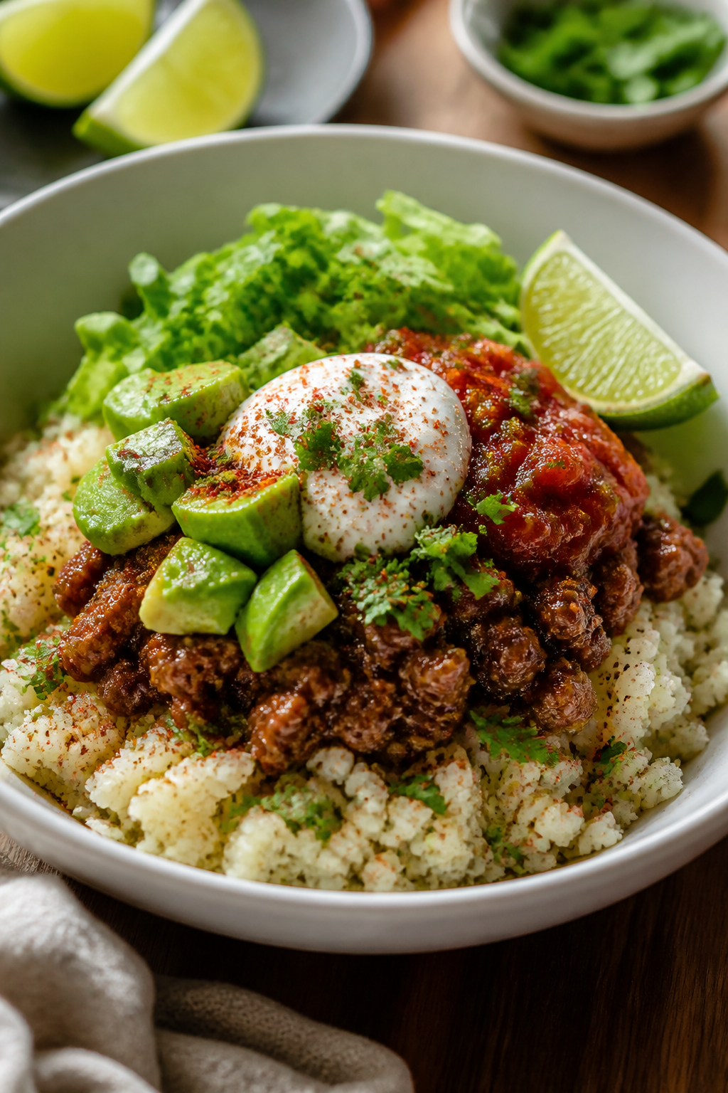 Final plated dish – Beautifully plated beef taco bowl in a wide, matte white bowl: fluffy cauliflo