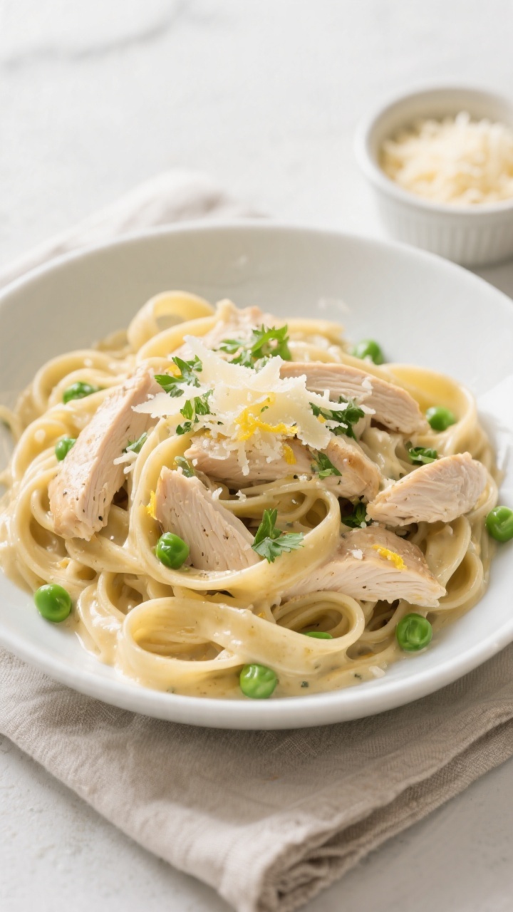 Final plated dish: Beautifully plated bowl of Skinny Chicken Alfredo with whole-wheat fettuccine twi