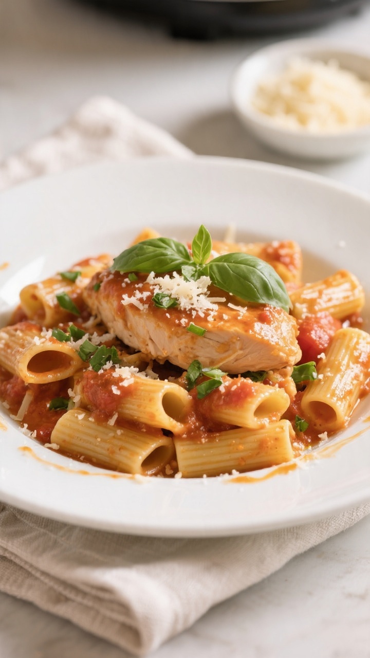 Final plated dish: Beautifully plated Crockpot Creamy Tomato Basil Chicken over al dente rigatoni, s