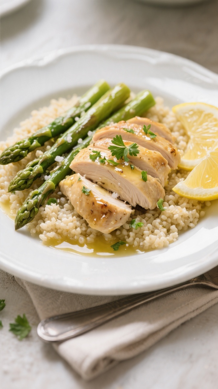 Final plated dish, : Beautifully plated Crockpot Garlic Lemon Chicken & Asparagus on a wide white ri