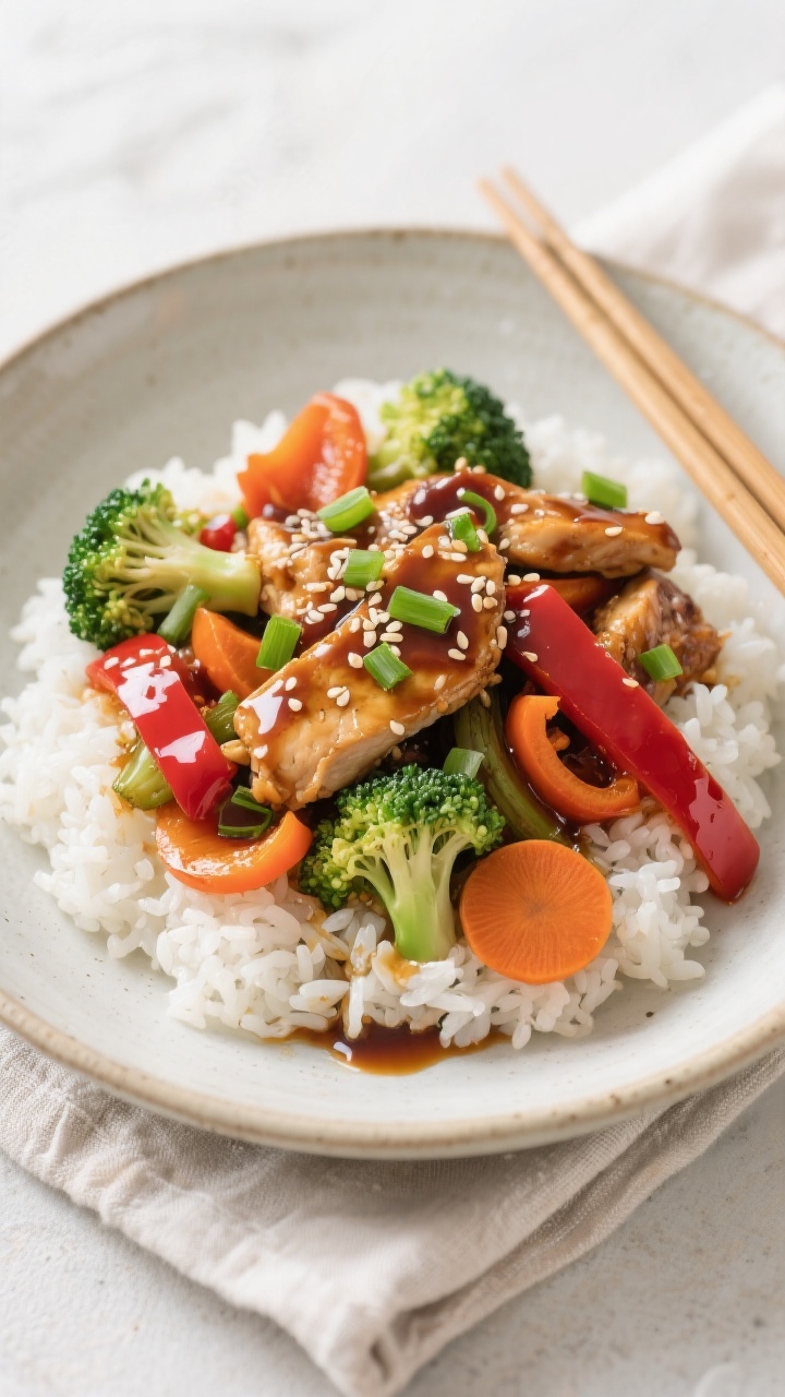 Final plated dish: Beautifully plated Easy Teriyaki Chicken Stir Fry over fluffy steamed white rice 