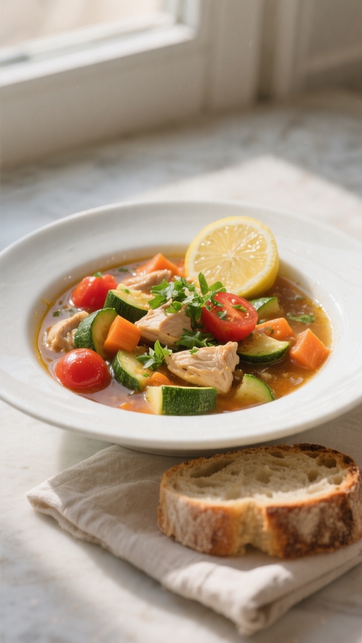 Final plated dish: Beautifully plated Healthy Slow Cooker Chicken & Zucchini Stew in a wide white bo