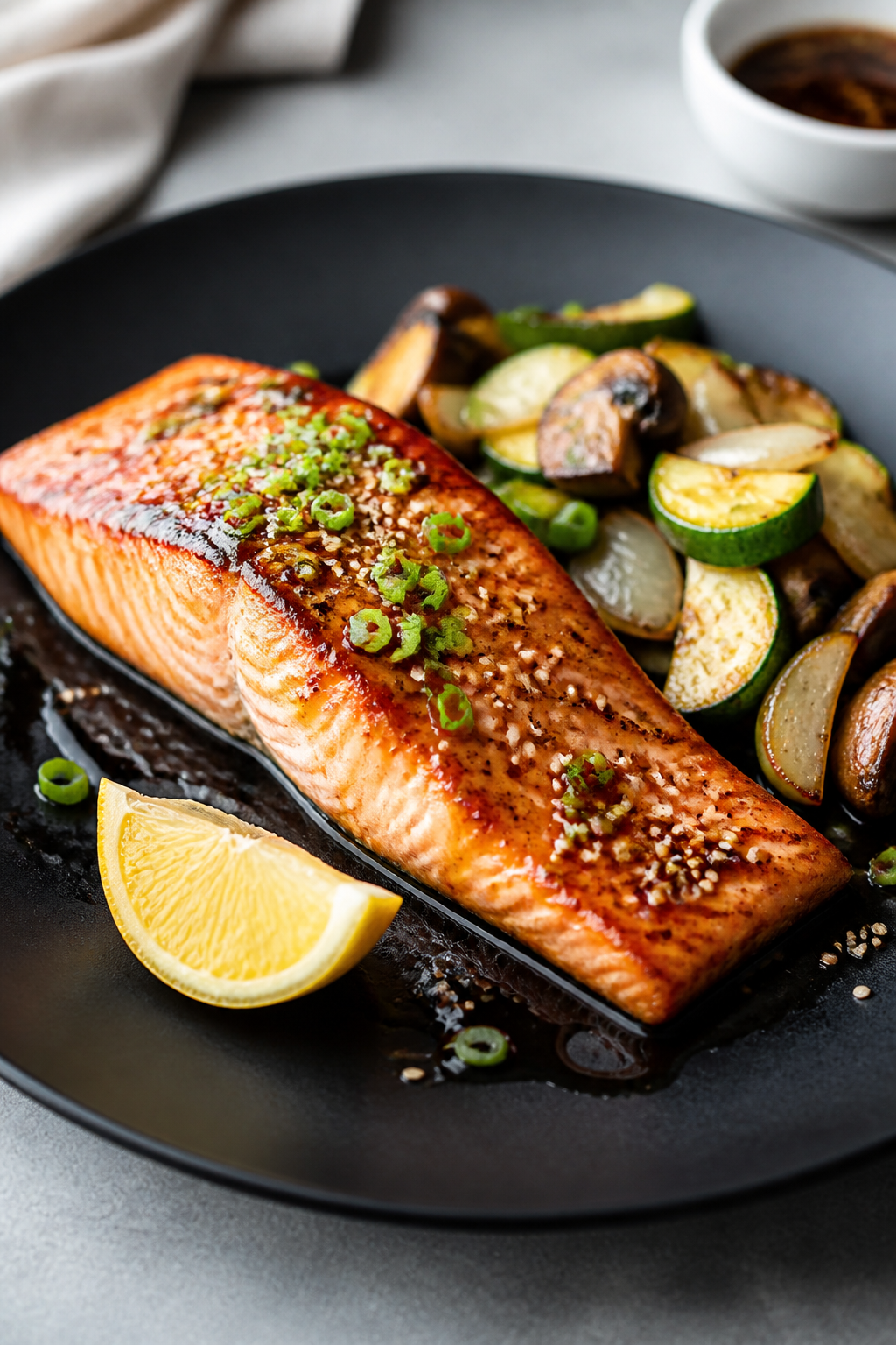 Final plated dish: Beautifully plated hibachi-style salmon on a matte black plate, flaky medium cent