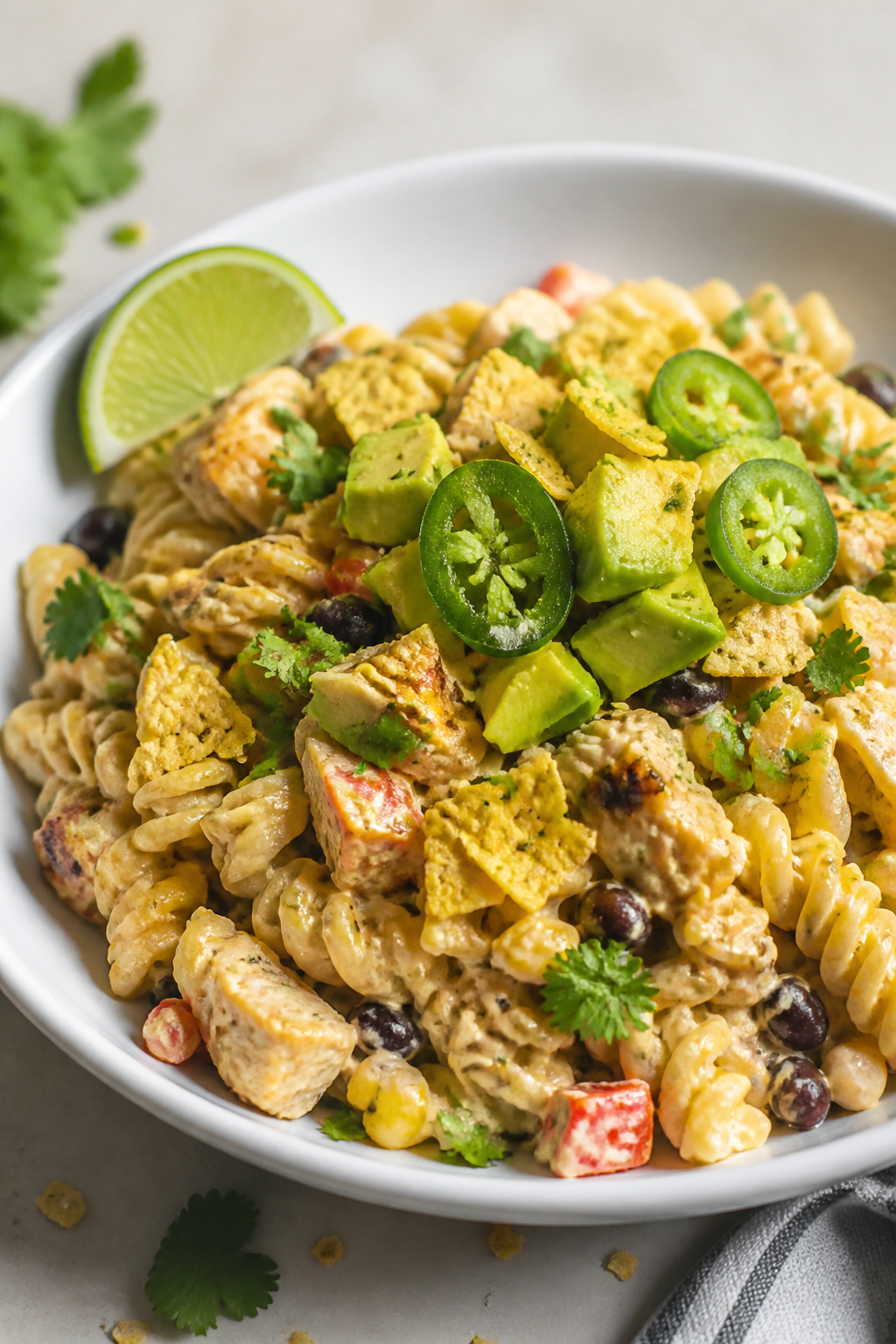 Final plated dish — Beautifully plated High Protein Chicken Burrito Pasta Salad in a wide, shallow