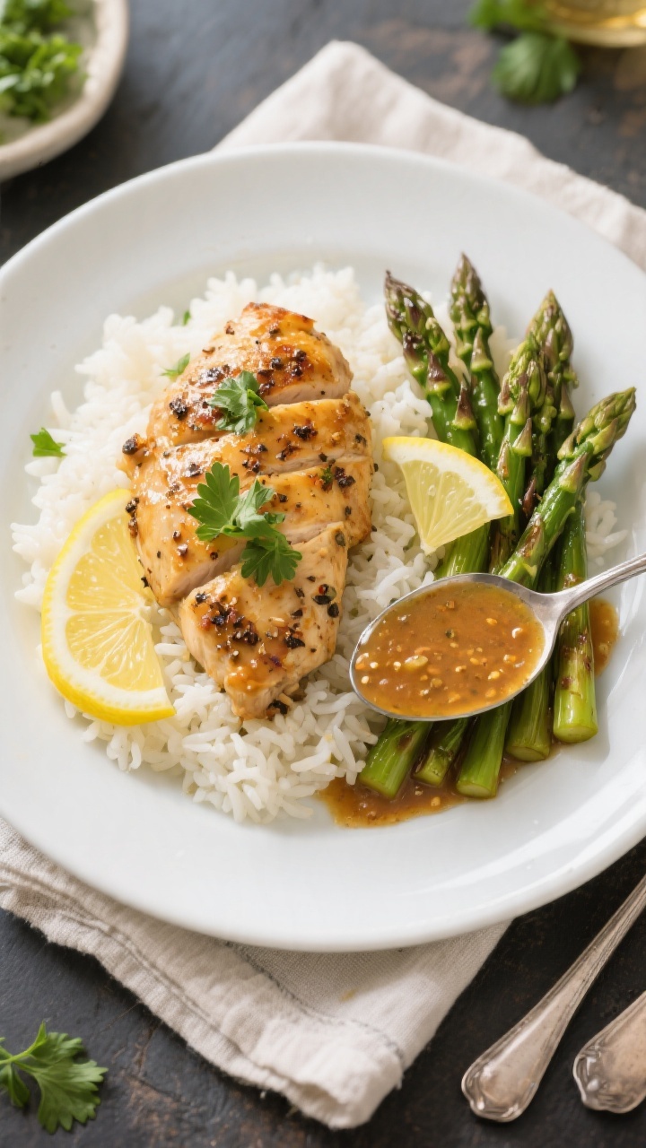Final plated dish: Beautifully plated lemon pepper chicken served over fluffy white rice with roaste