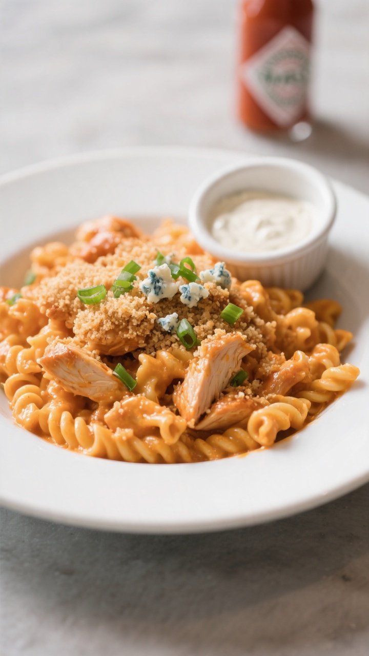 Final plated dish: Beautifully plated serving of Buffalo Chicken Mac and Cheese on a matte white sha
