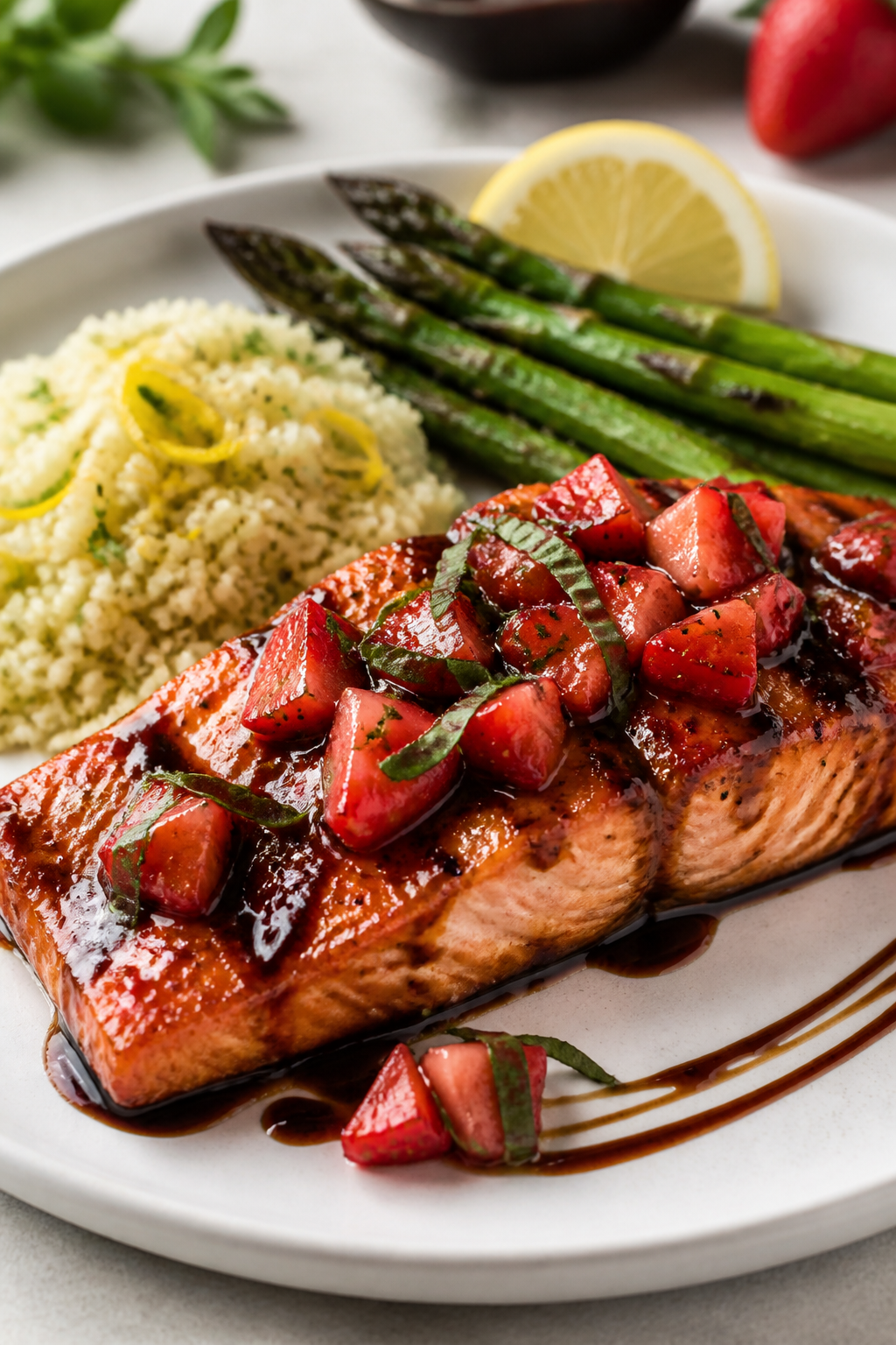 Final plated dish: Beautifully plated Strawberry Balsamic Salmon on a matte white ceramic plate, sal