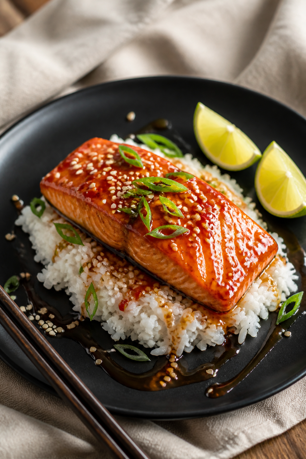 Final plated dish: Beautifully plated sweet chili glazed salmon on a matte black plate over a fluffy