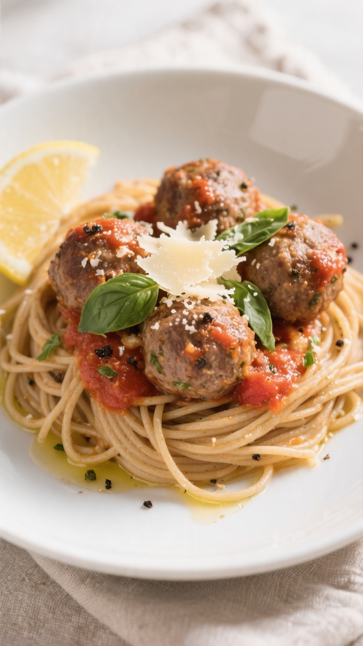 Final plated dish: Beautifully plated turkey meatballs over al dente whole wheat spaghetti twirled i