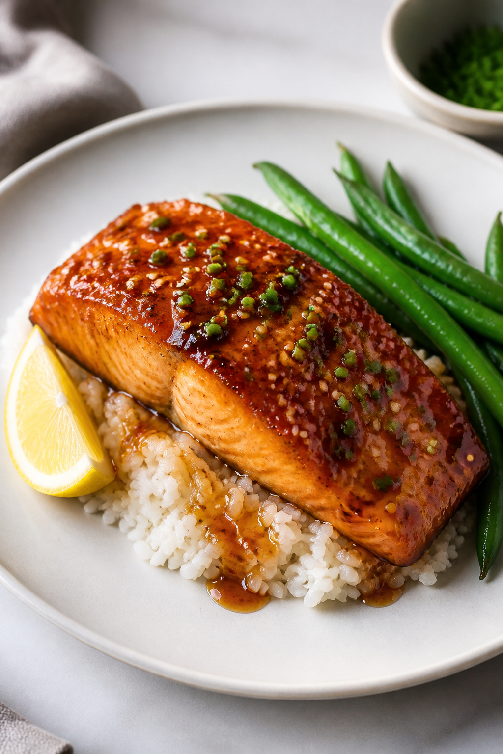 Final plated dish: beautifully presented Sticky Honey Butter Salmon on a matte white plate over a sm