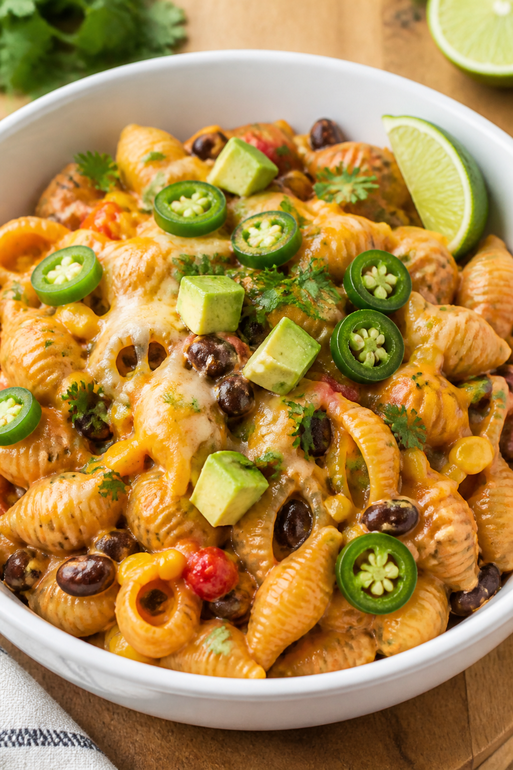 Final plated dish beauty: A generous bowl of Healthy Taco Pasta Skillet, neatly twirled shells showi