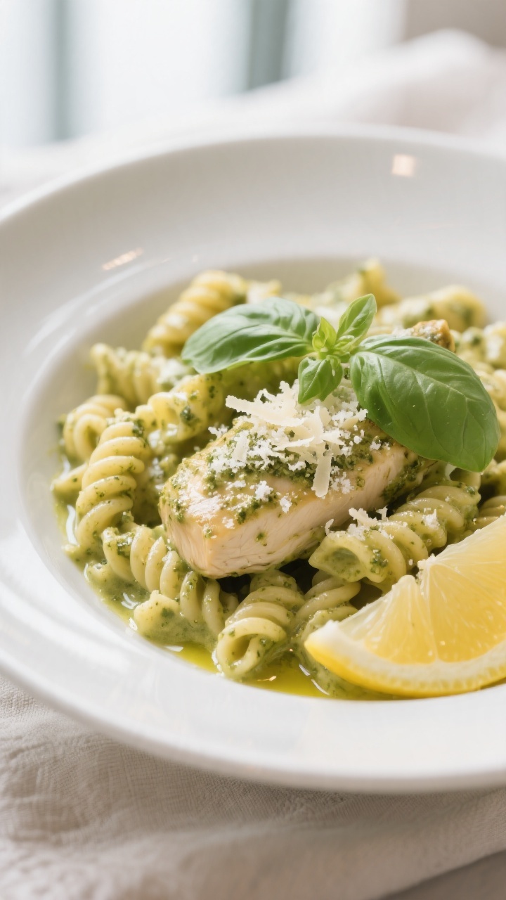 Final plated dish beauty: Creamy pesto chicken tossed with al dente cavatappi, sauce silky and coati