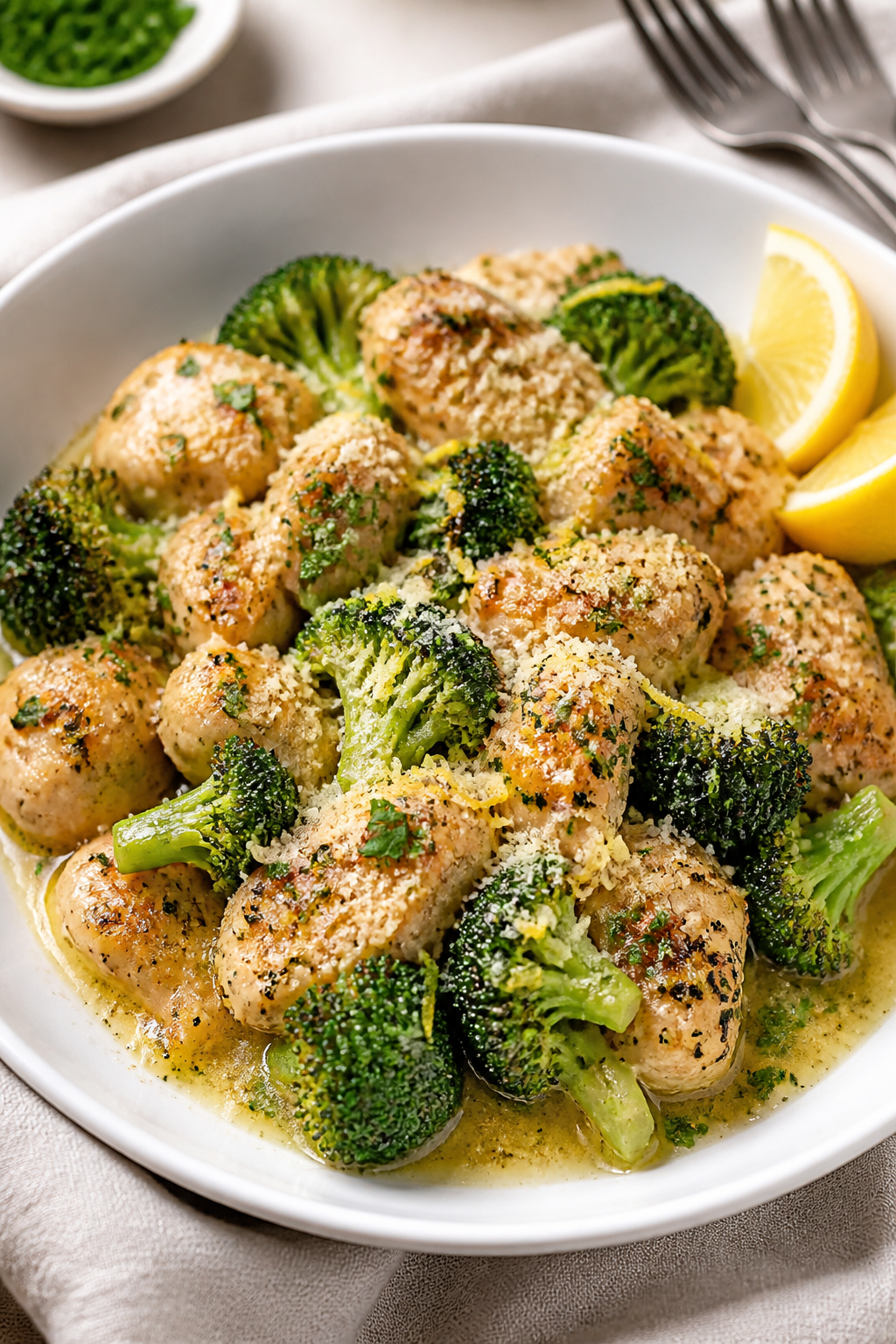 Final plated dish beauty: Garlic Butter Chicken Broccoli Skillet served in a wide, shallow white bow
