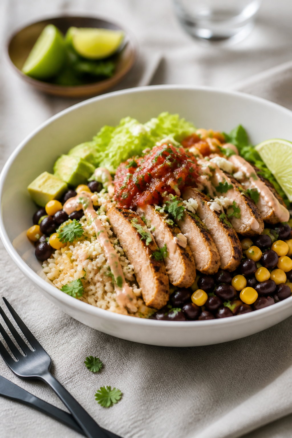 Final plated dish beauty: Restaurant-quality chicken burrito bowl in a wide white ceramic bowl, heap