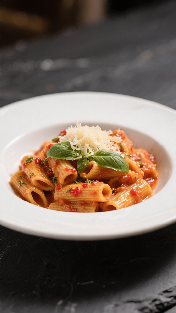 Final plated dish beauty: Restaurant-quality presentation of creamy tomato rigatoni twirled high in 
