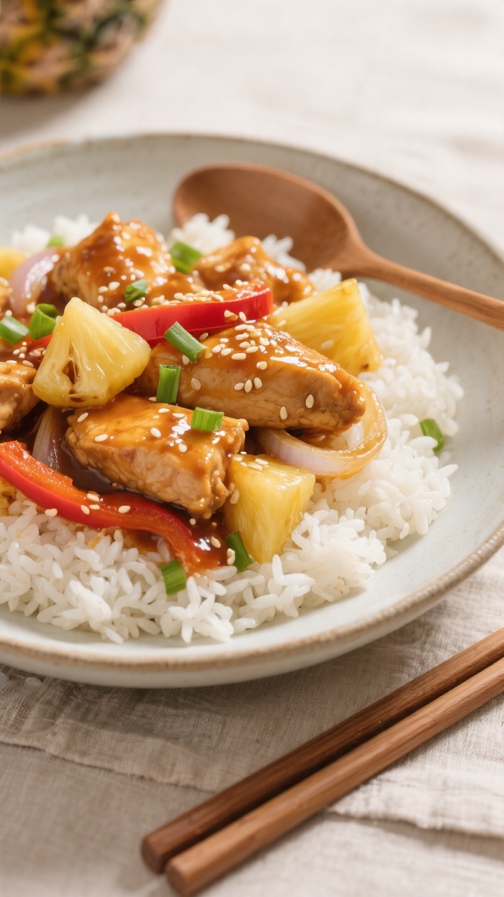 Final plated dish beauty shot: Crockpot Pineapple Chicken artfully spooned over fluffy white jasmine