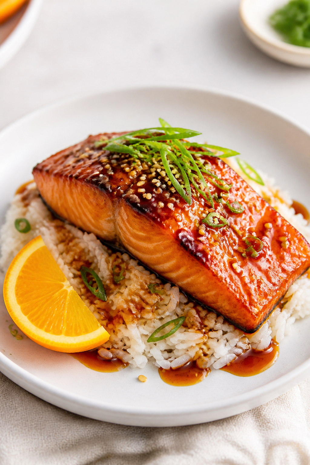 Final plated dish beauty shot: Orange Ginger Glazed Salmon, lacquered and caramelized to a deep ambe