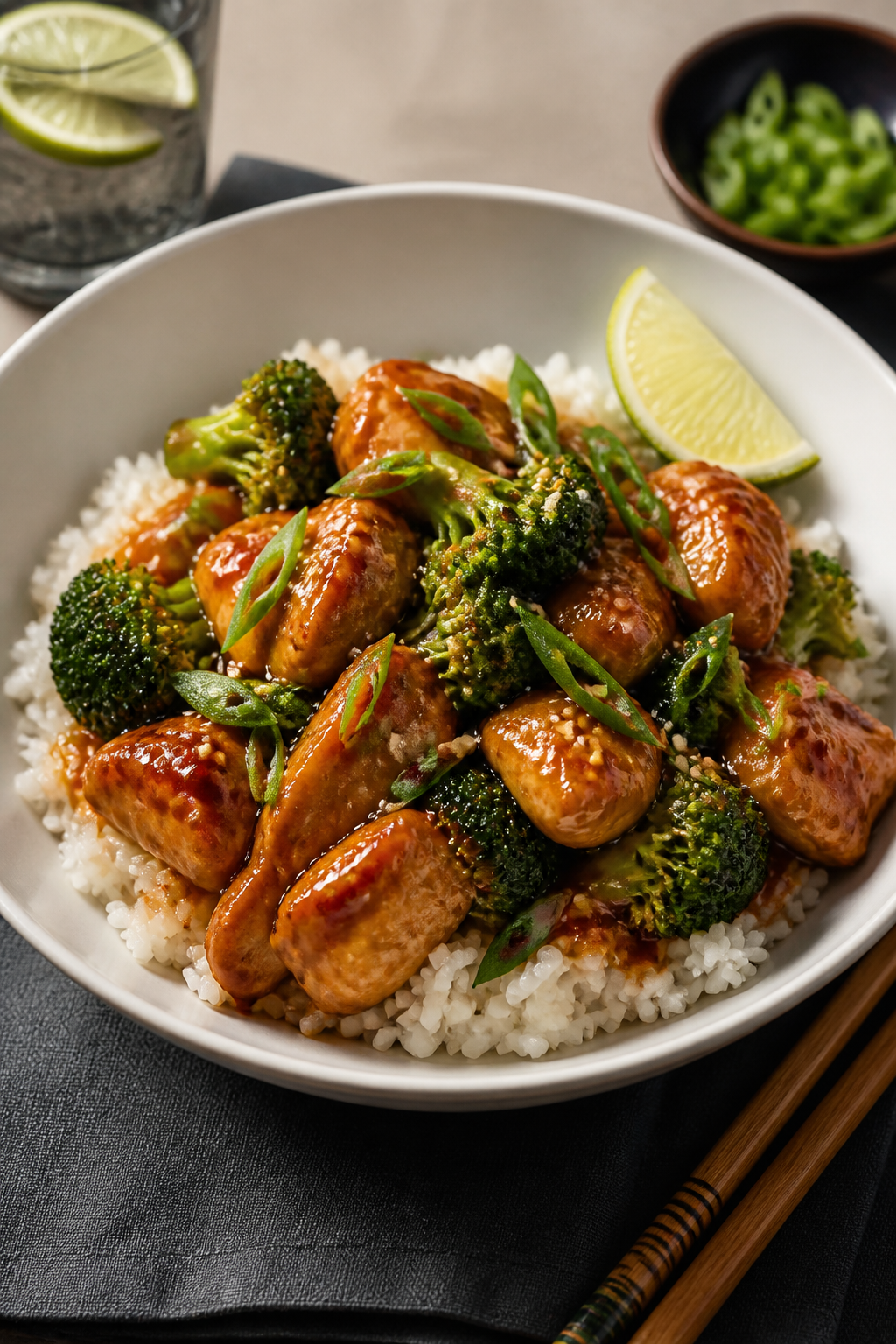 Final plated dish, beauty shot: Sweet Chili Chicken & Broccoli plated over fluffy jasmine rice in a 