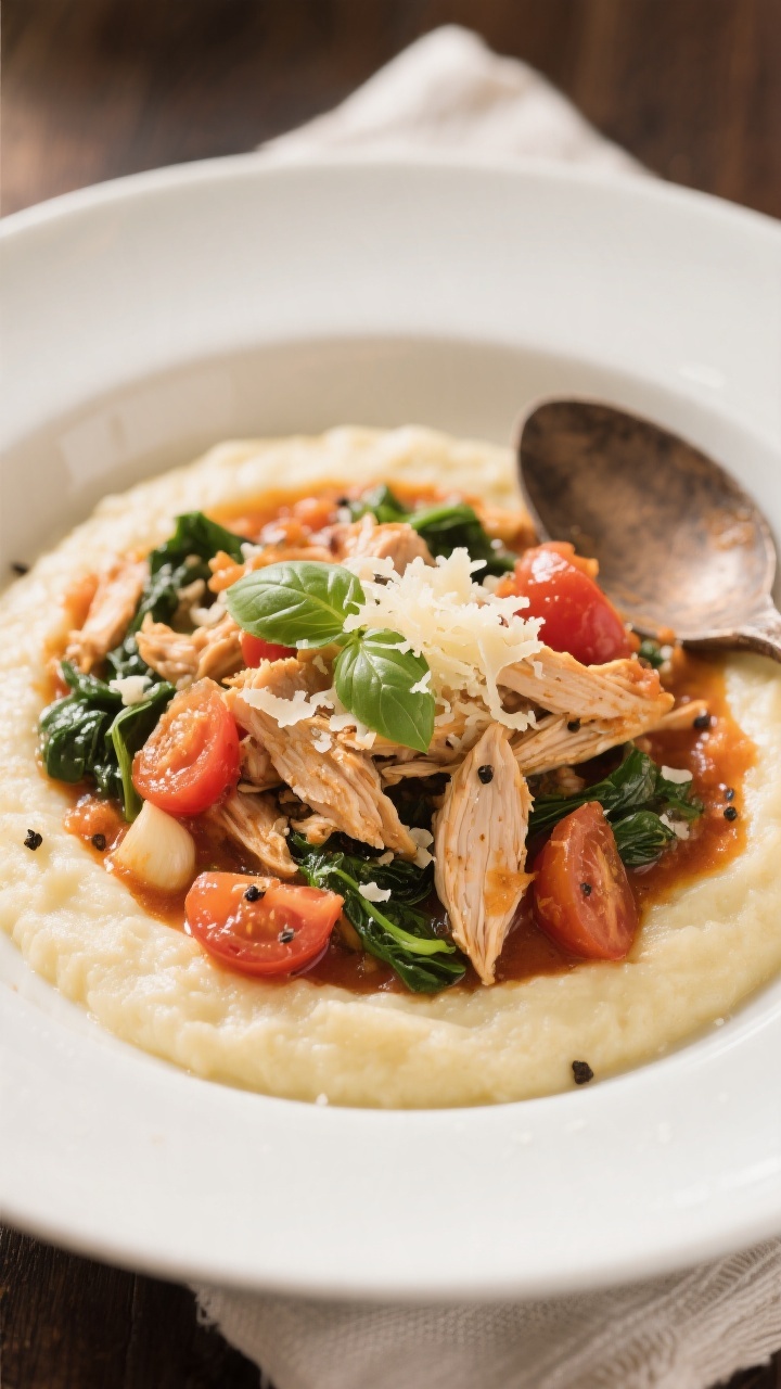 Final plated dish beauty: Slow Cooker Spinach Tomato Chicken spooned over creamy polenta in a wide s