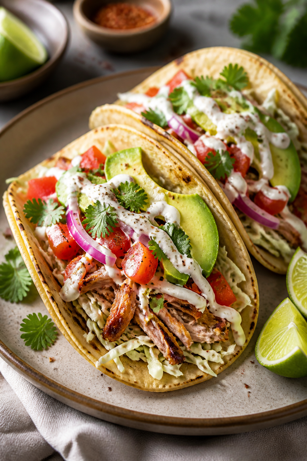 Final plated dish beauty: Two rotisserie chicken tacos on a ceramic plate, each layered with crisp c