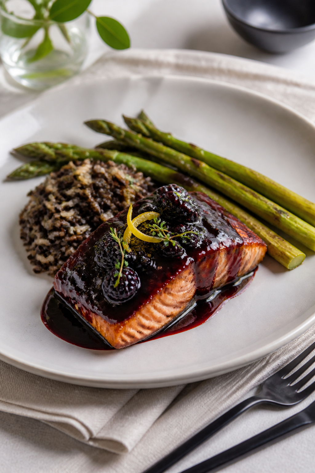 Final plated dish: Blackberry Balsamic Glazed Salmon served on a matte white plate with a silky, str