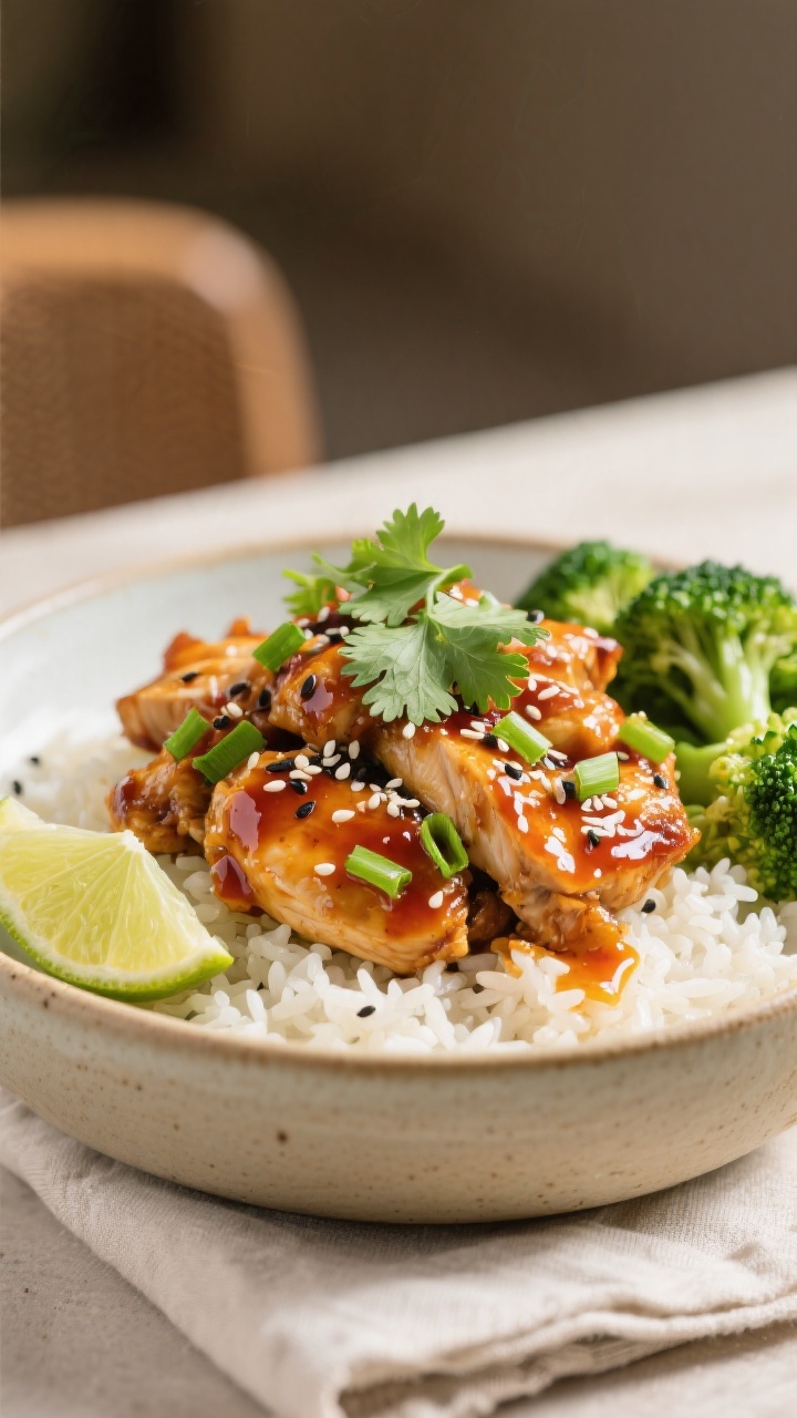 Final plated dish – Bowl over rice with garnishes: Beautifully plated Honey Sriracha Chicken over 