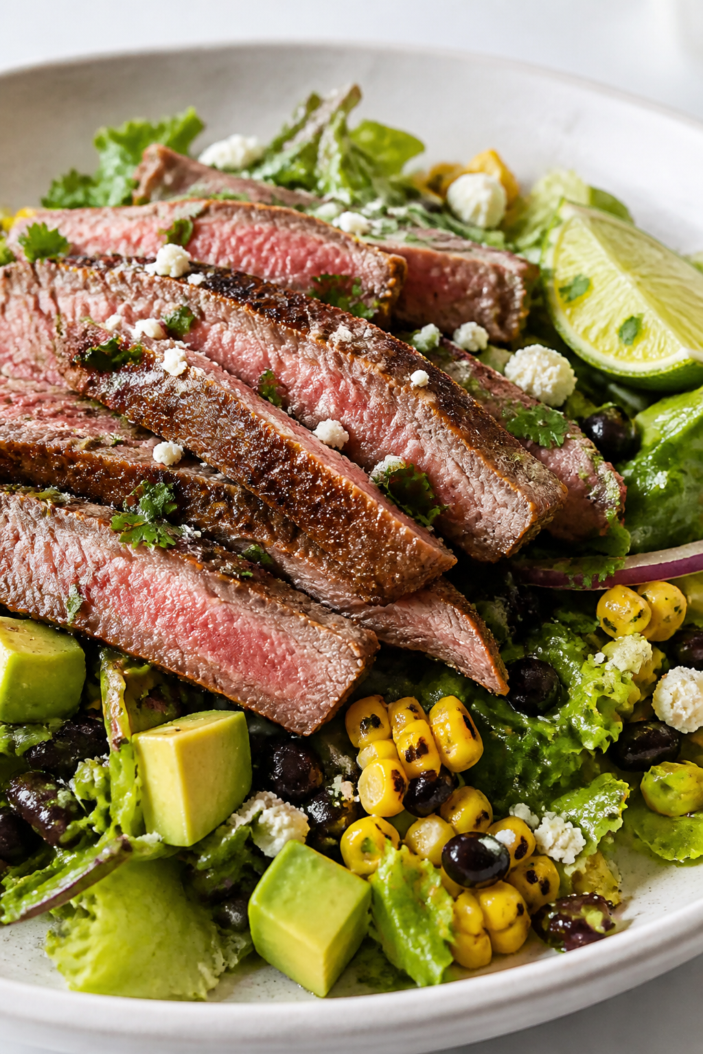 Final plated dish close-up: Restaurant-quality plated Healthy Steak Taco Salad on a wide, shallow st