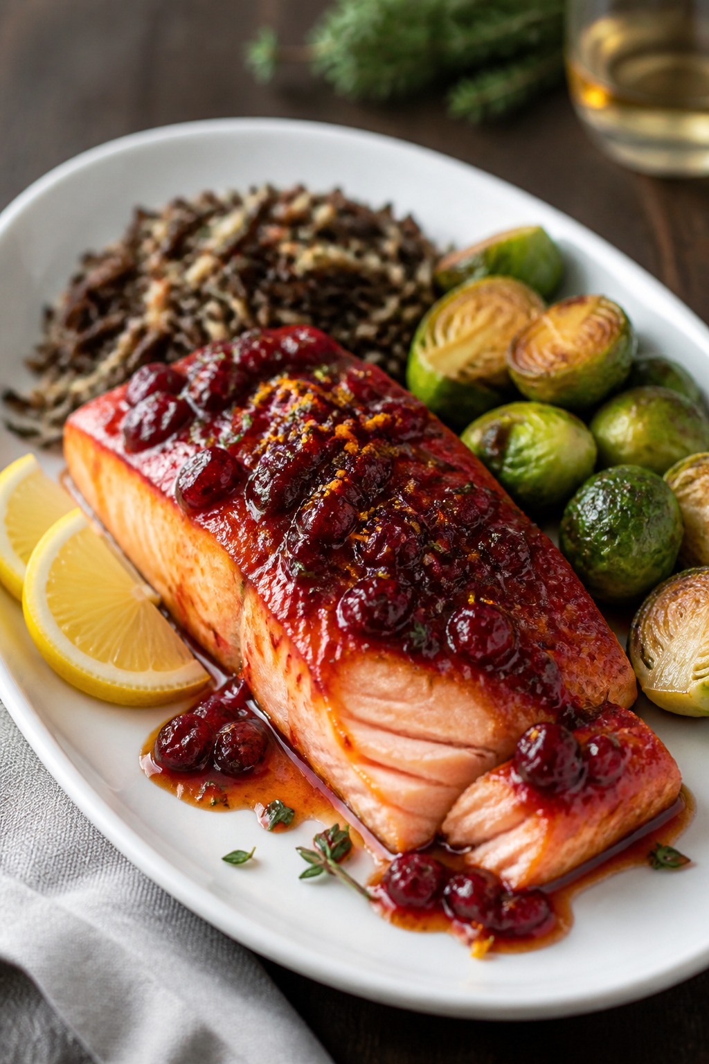 Final plated dish, : Cranberry Maple Salmon plated on a matte white oval plate, fillet coated in a s