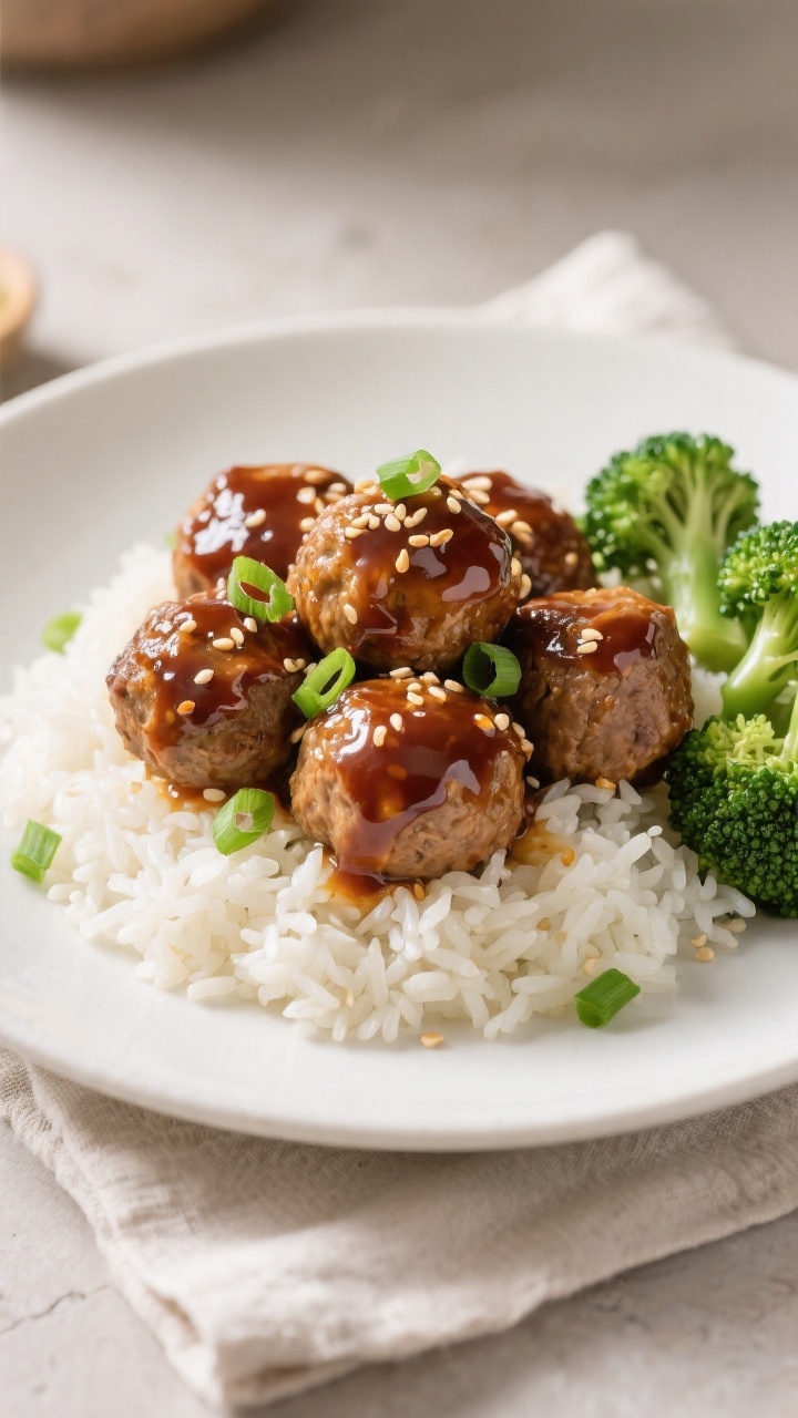 Final plated dish, : Crockpot Honey Garlic Turkey Meatballs piled over fluffy jasmine rice on a matt