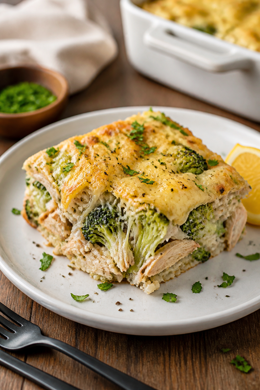 Final plated dish hero: A generous square of chicken-broccoli-rice casserole served on a white stone