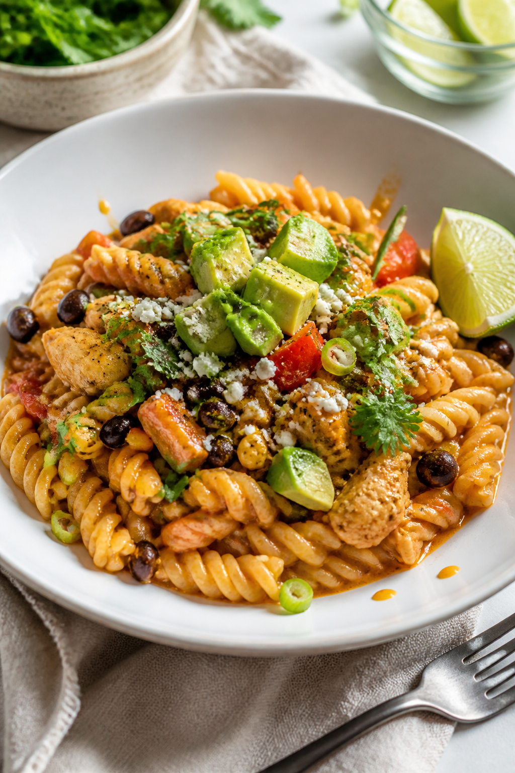 Final plated dish, hero plate: Beautifully plated Healthy Mexican Chicken Pasta twirled into a shall