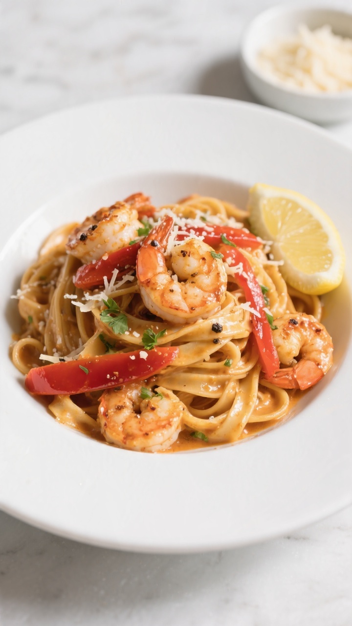 Final plated dish, restaurant presentation: Beautifully plated Creamy Cajun Shrimp Pasta (fettuccine