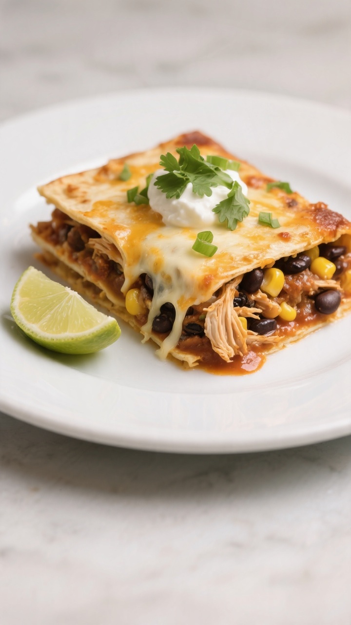 Final plated dish, restaurant-quality: A neatly cut square of the enchilada bake on a matte white pl