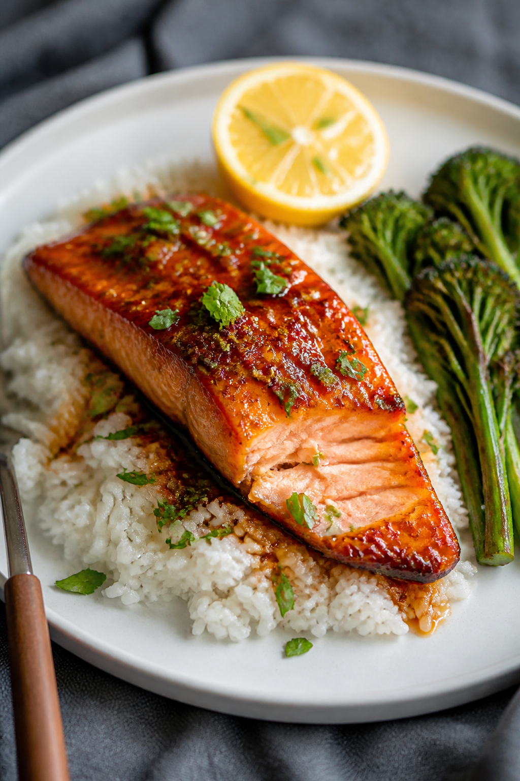 Final plated dish, restaurant-quality: Beautifully plated hot honey glazed salmon with lacquered, de