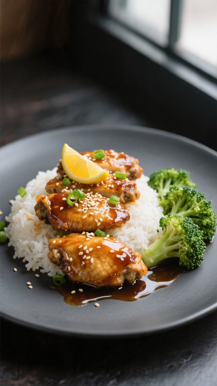 Final plated dish, restaurant-quality: Beautifully plated honey garlic chicken over fluffy white ric