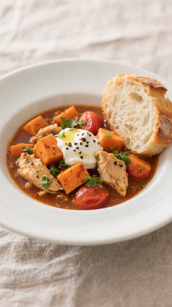 Final plated dish, restaurant-quality: Beautifully plated bowl of Crockpot Chicken & Sweet Potato St