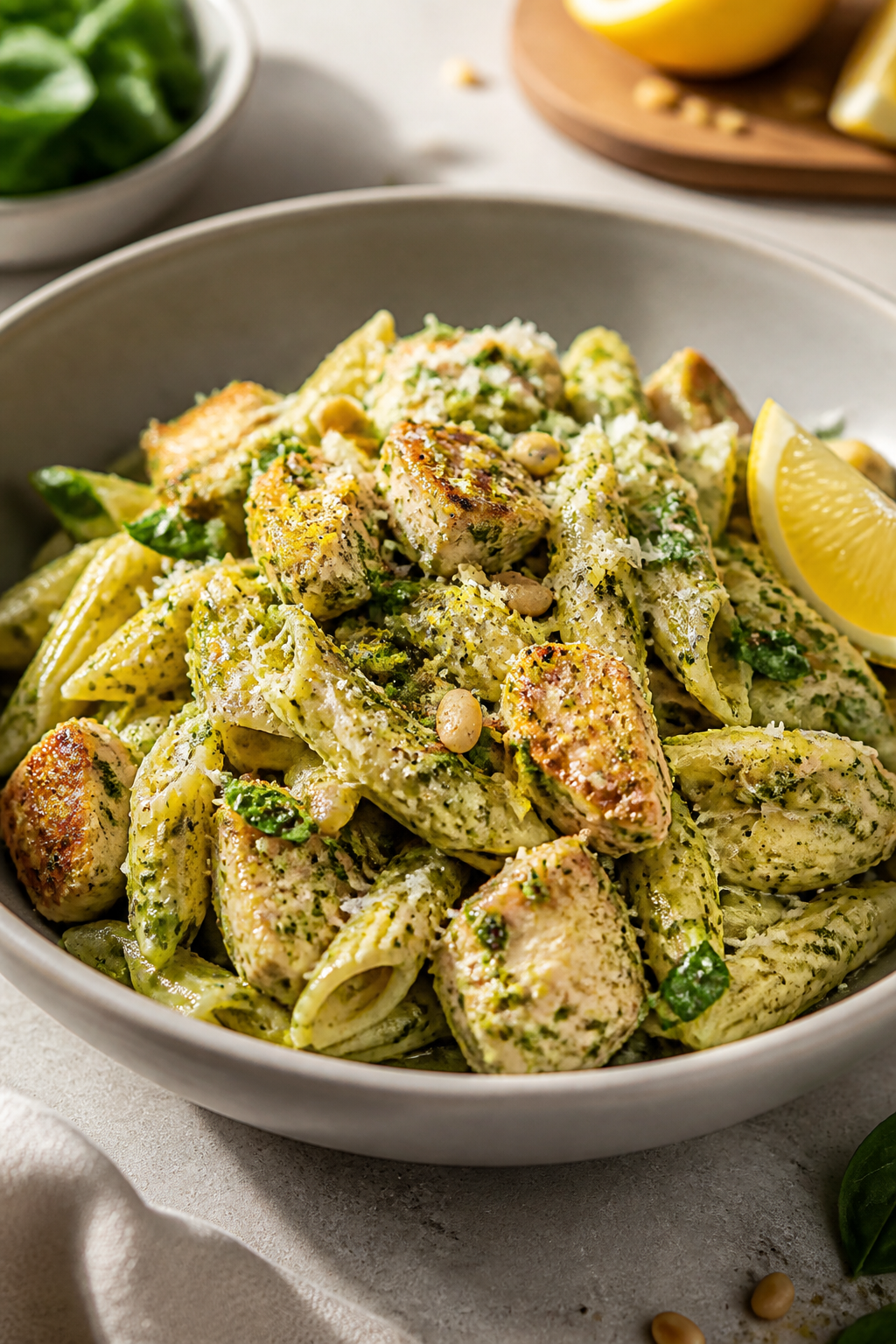 Final plated dish, restaurant-quality: Beautifully plated High Protein Creamy Pesto Pasta Salad moun