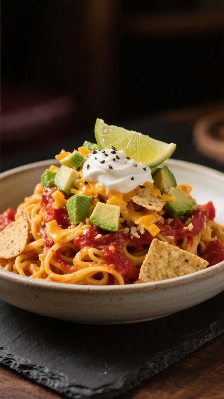 Final plated dish: Restaurant-quality bowl of Cheesy Taco Pasta twirled and mounded high, topped wit