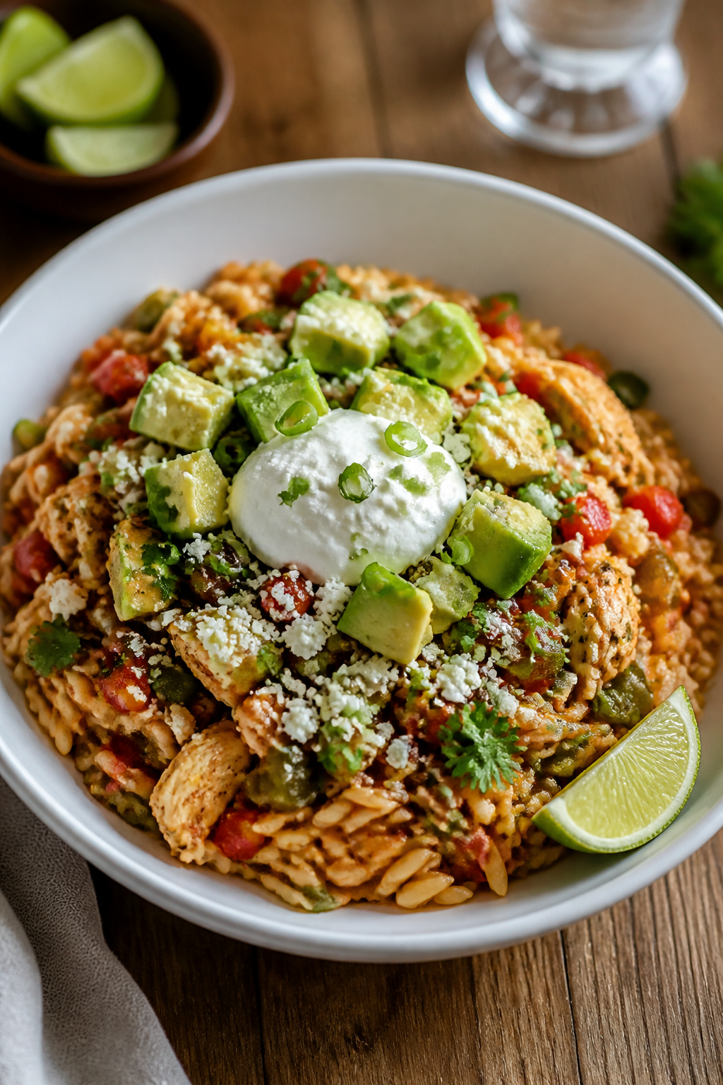 Final plated dish: Restaurant-quality bowl of Healthy Mexican Chicken Orzo beautifully presented—m